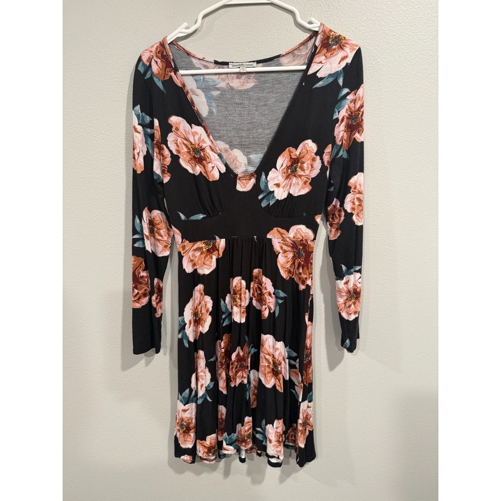 Charlotte Russe Dress Womens Medium Black Floral Pleated Plunge Neck Long Sleeve
